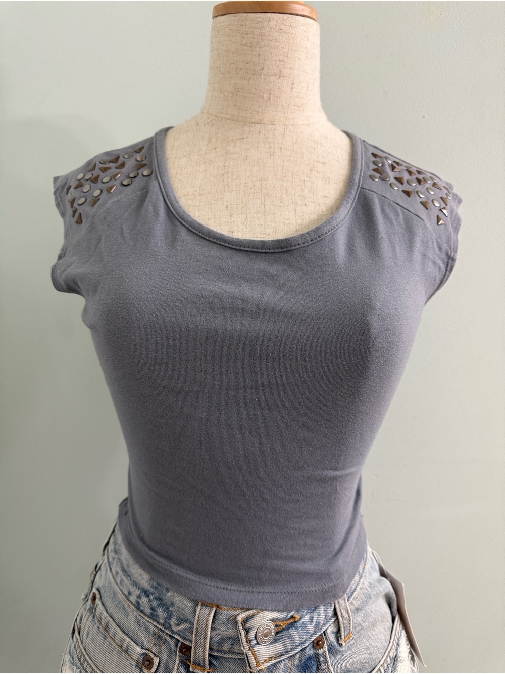 Y2K Steel Grey Crop Top Studded Sleeves XS